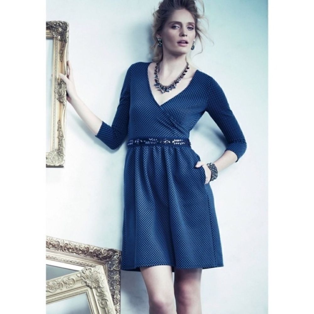 Anthropologie HD in Paris Blue Black Polka Dot Dress Size Small